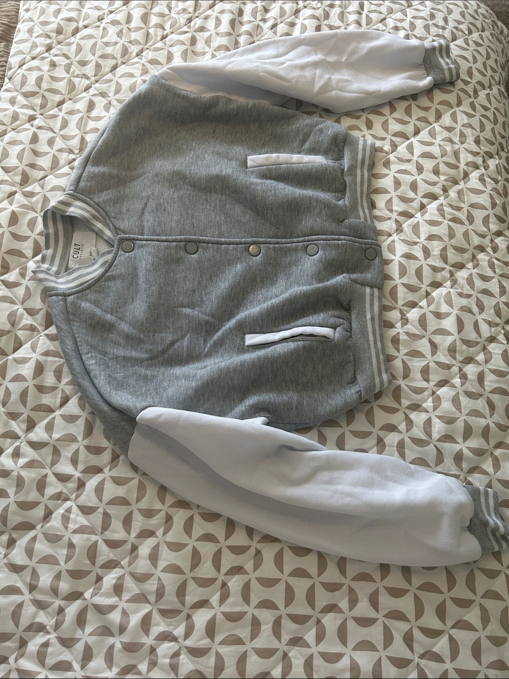 Grey & White Varsity-Style Snap Jacket